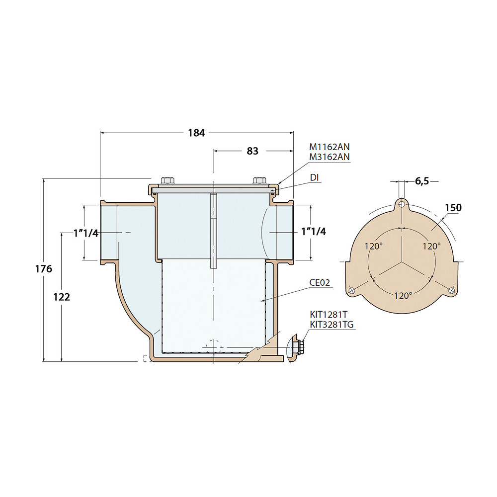 Купить Фильтр водяной системы охлаждения двигателя Guidi Marine 1162 1162#220007 1 1/4" 8800-27700 л/час из никелированной бронзы с крышкой из поликарбоната 7ft.ru в интернет магазине Семь Футов