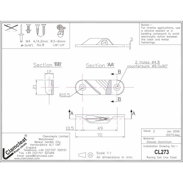 Купить Стопор щелевой из алюминия Clamcleat Racing Sail Line cleat CL273AN+P 3 - 6 мм 70 x 21 x 12 мм М4 с площадкой для установки c правой стороны 7ft.ru в интернет магазине Семь Футов