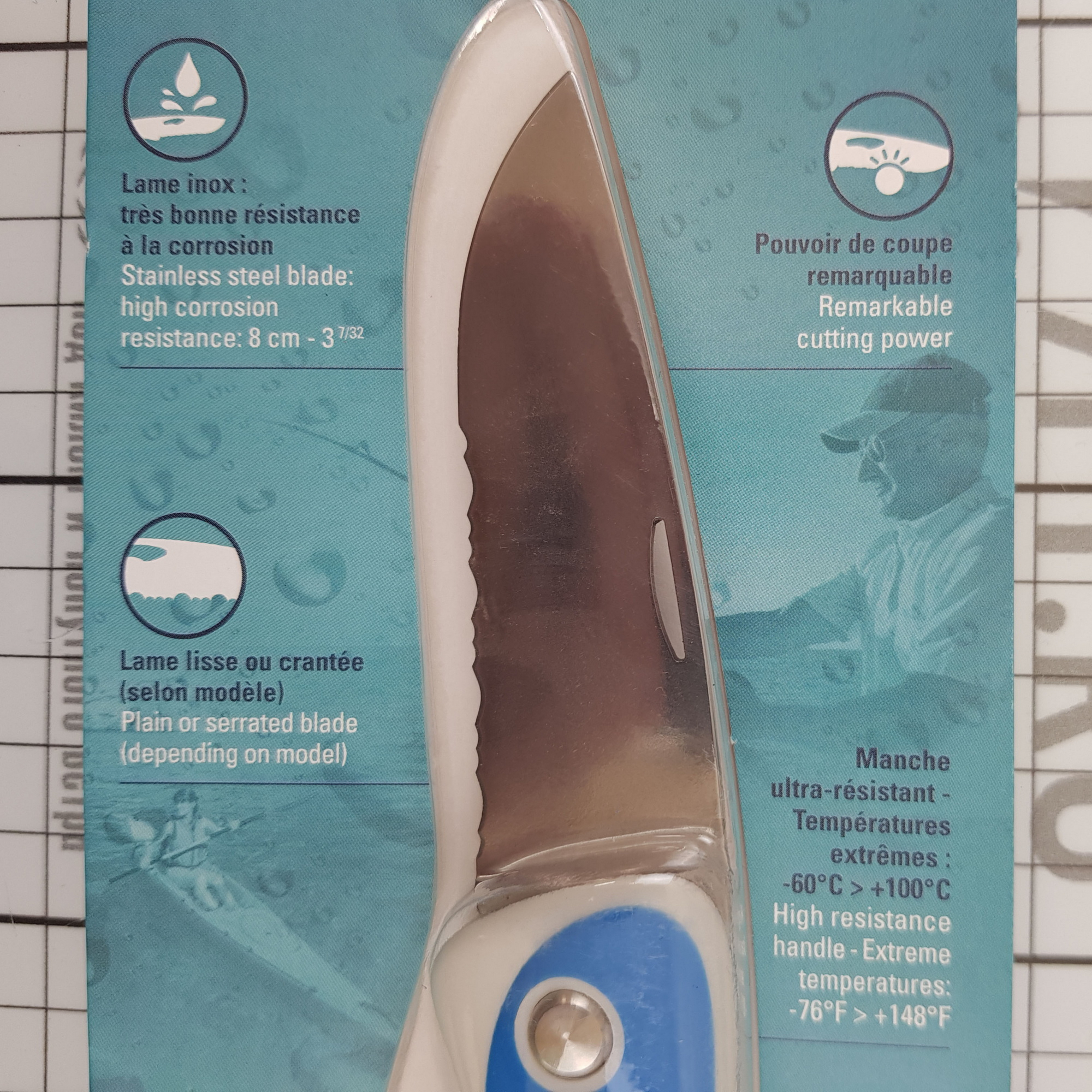 Купить Нож моряка складной зубчатое лезвие сине-белый Wichard Aquaterra 10146 115/195 мм для судов, купить спасательное снаряжение в интернет-магазине 7ft.ru в интернет магазине Семь Футов