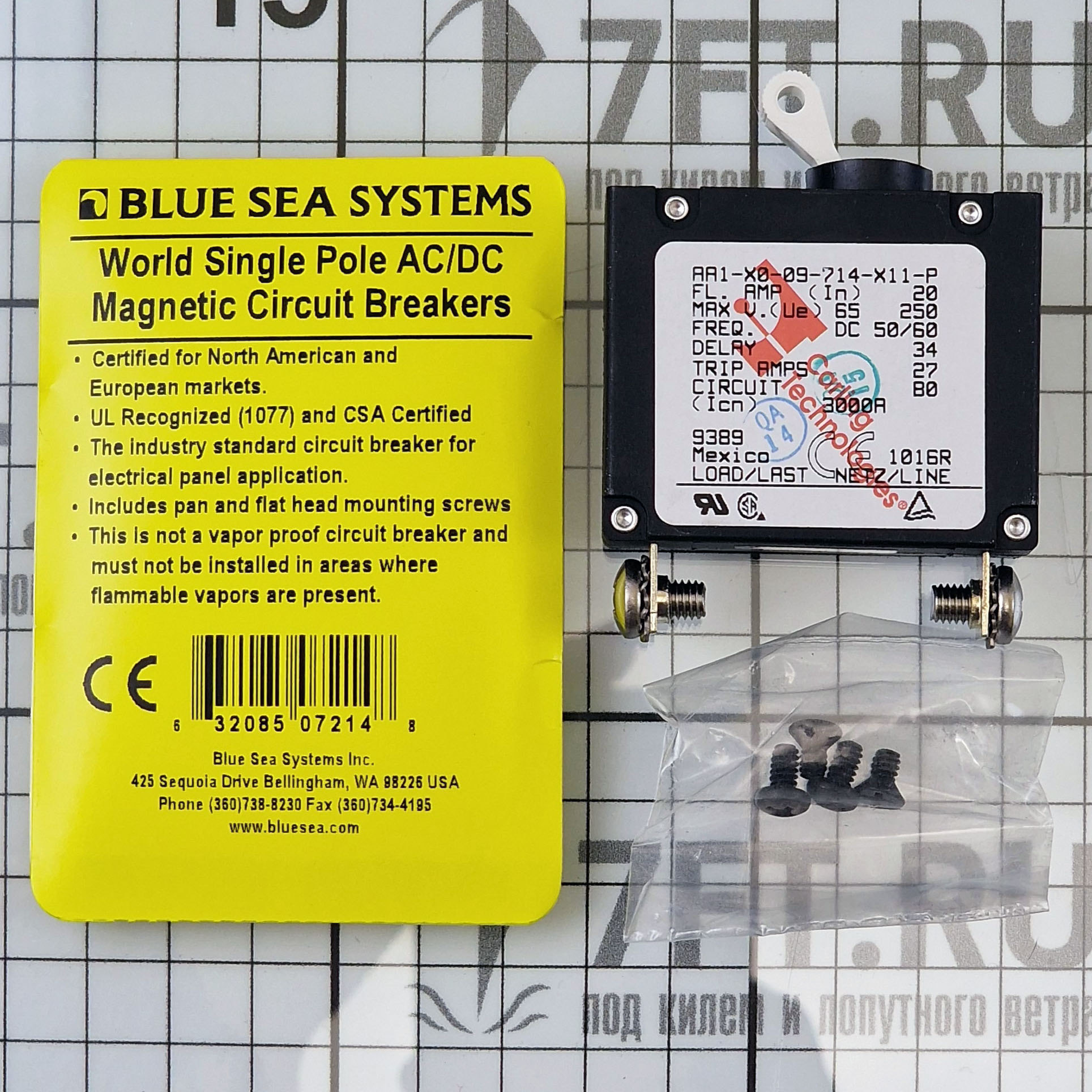 Купить Автоматический выключатель однополюсный Blue Sea A-Series 7214 65/240В 20А с белым тумблером 7ft.ru в интернет магазине Семь Футов