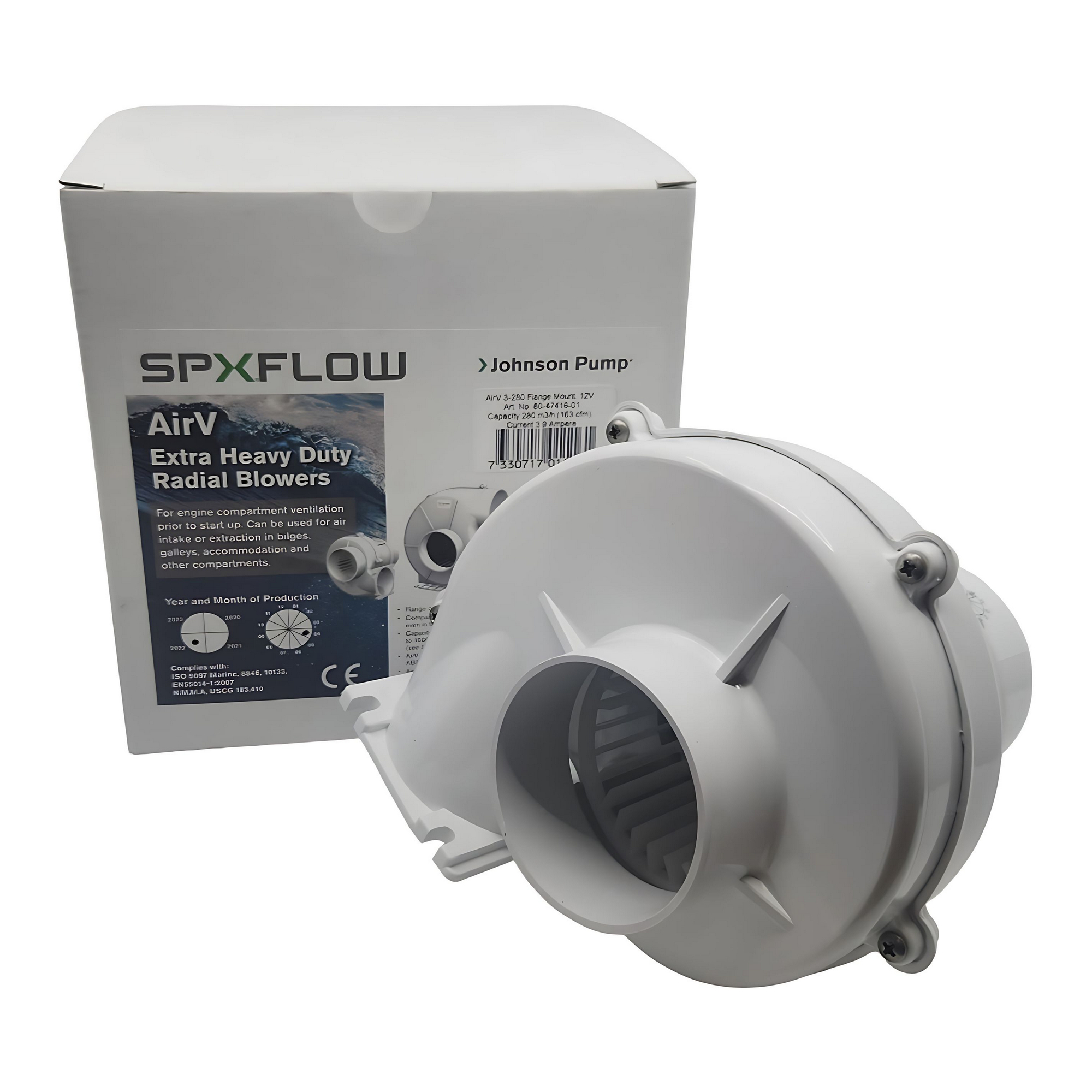 Купить Вентилятор Johnson Pump 80-47416-02 AirV 3-280 24В 2,5А 280м3/ч 195х165х200мм под шланг Ø75мм для машинного отделения 7ft.ru в интернет магазине Семь Футов