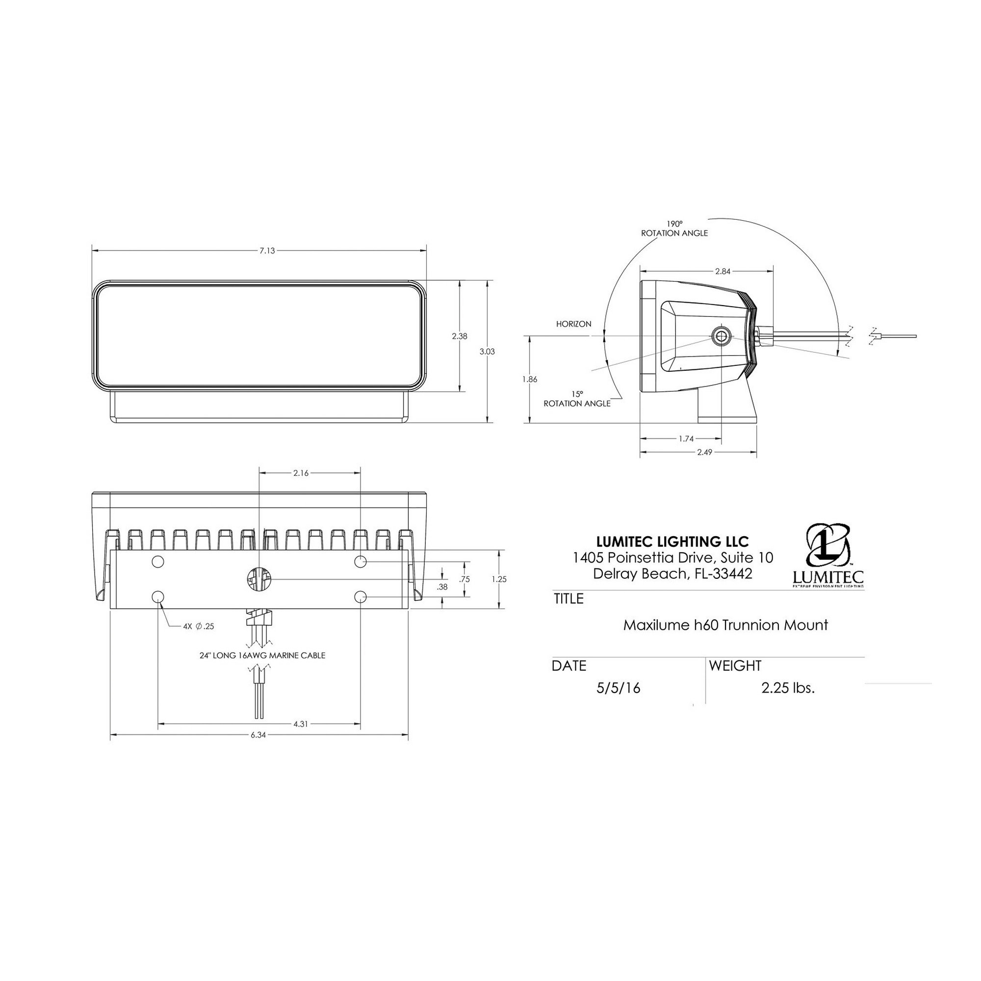 Купить Светодиодный прожектор на кронштейне Lumitec Maxillume H60 101335 10-30В 2,5-5А 60Вт 6000лм 5000К IP67 180,11х76,9х63,2 в черном алюминиевом корпусе 7ft.ru в интернет магазине Семь Футов