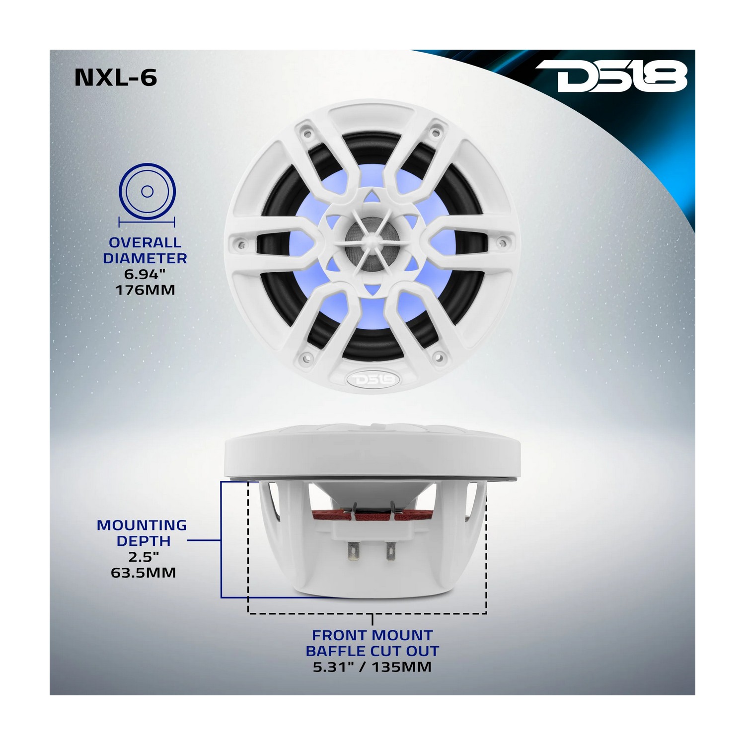 Купить Динамики двухполосные DS18 NXL-6/WH Ø165мм 45Гц—23кГц 100-300Вт 4Ом IP65 RGB-подсветка из литого полипропилена белые 7ft.ru в интернет магазине Семь Футов