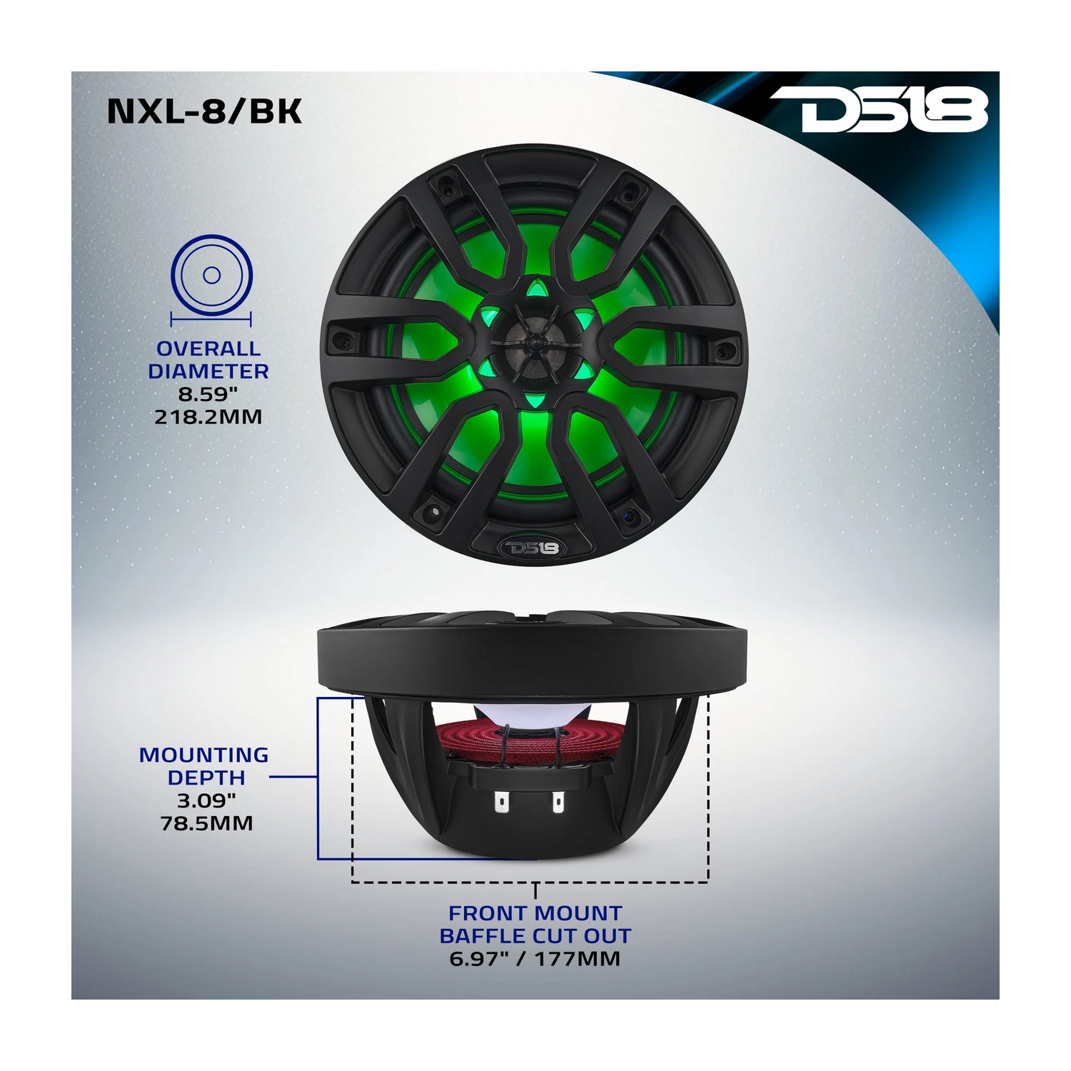 Купить Динамики двухполосные DS18 NXL-8/BK Ø203мм 35Гц-23кГц 125-375Вт 4Ом IP65 RGB-подсветка из литого полипропилена черные 7ft.ru в интернет магазине Семь Футов