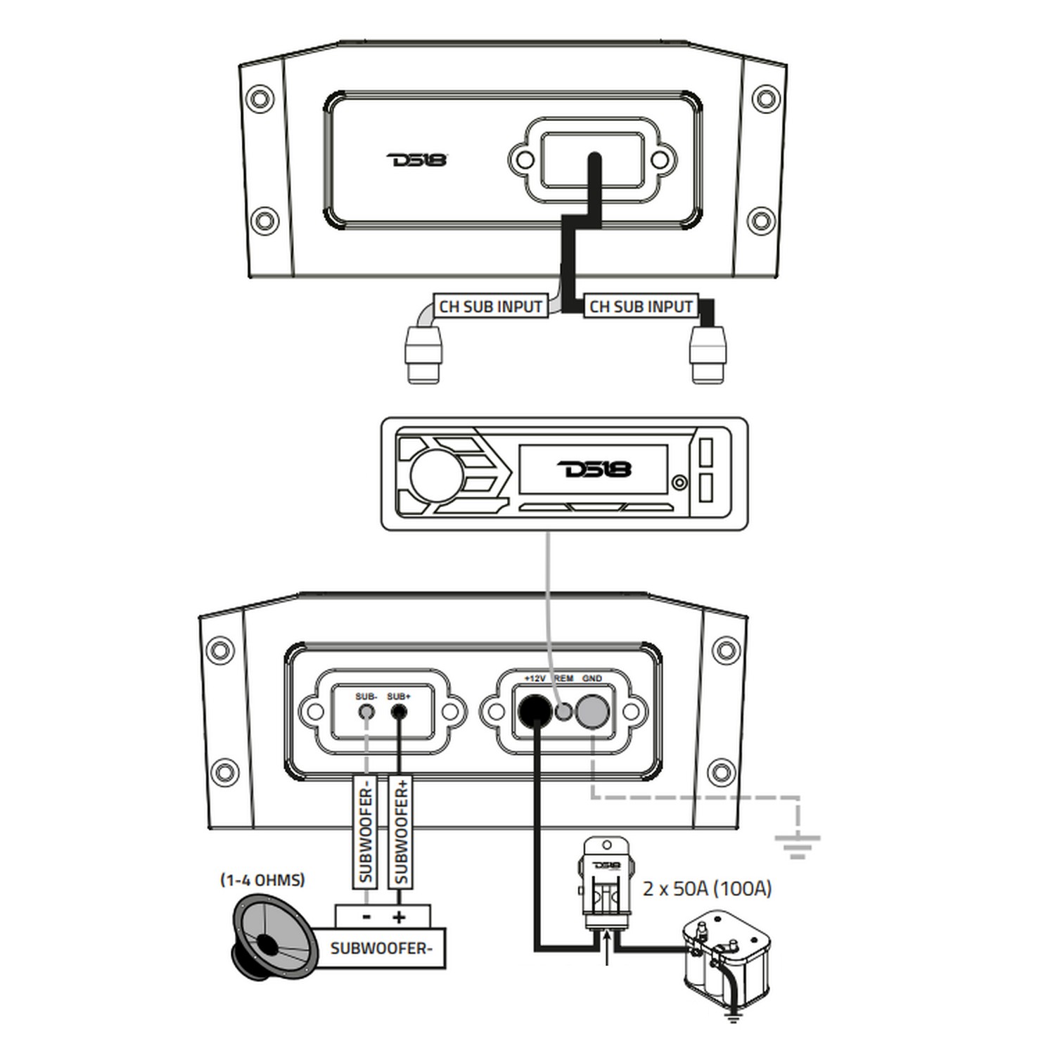 Купить Усилитель одноканальный DS18 NXL-X1000.1D 350-2000Вт 1-4Ом 10–250Гц 302x112x45мм IP67 цифровой из алюминия черный 7ft.ru в интернет магазине Семь Футов
