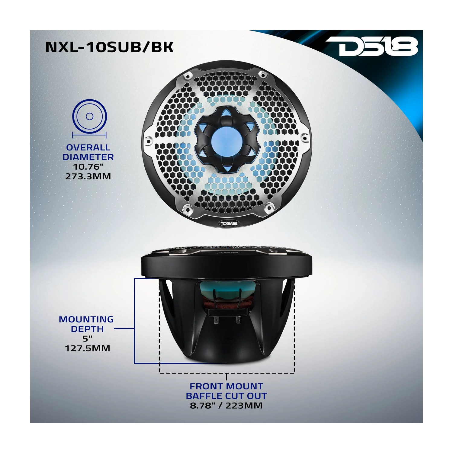 Купить Сабвуфер DS18 NXL-10SUB/BK Ø254мм 35–250Гц 300-600Вт 2-4Ом IP65 светодиодная RGB-подсветка из черного полипропилена 7ft.ru в интернет магазине Семь Футов