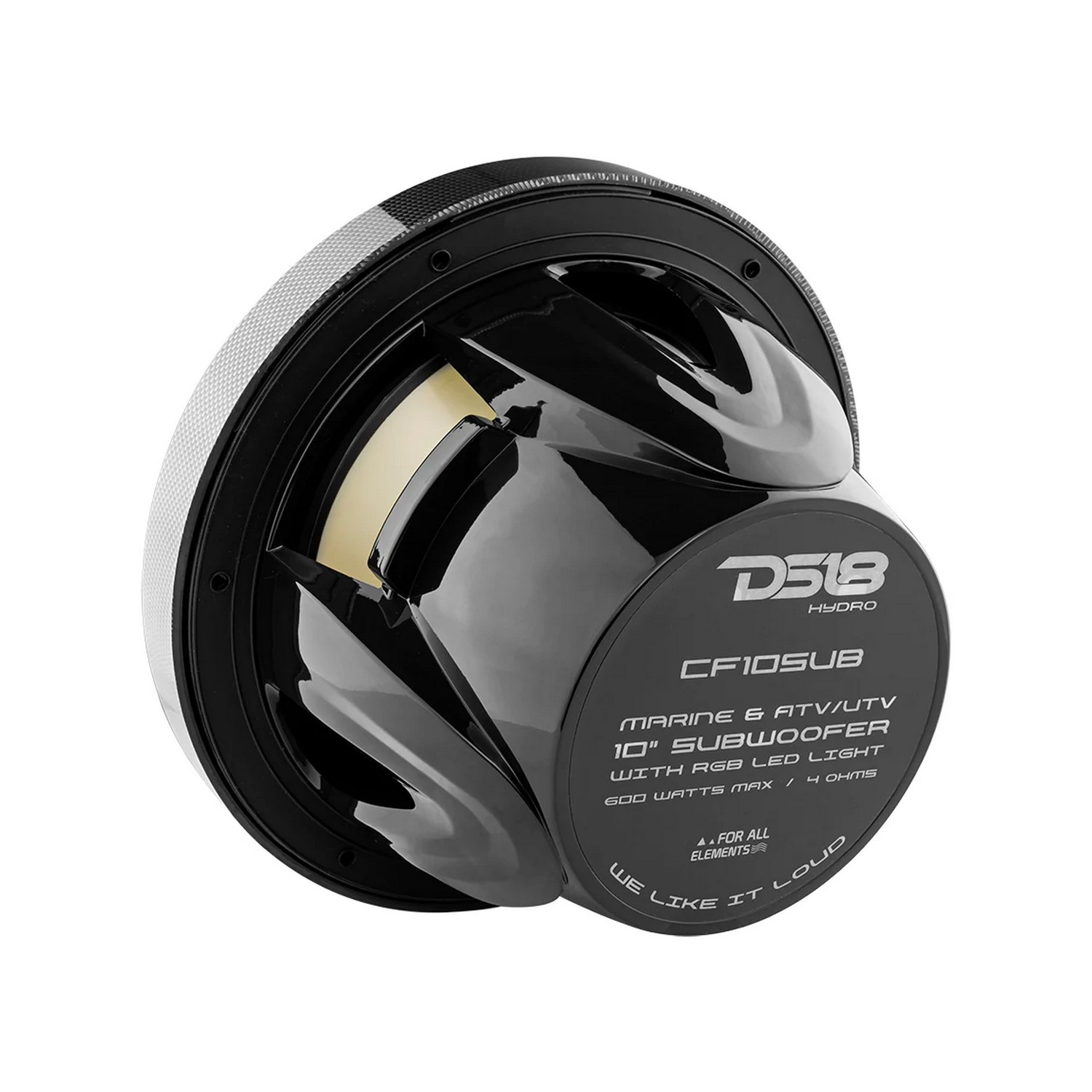 Купить Сабвуфер DS18 CF-10SUB Ø254мм 35–250Гц 300-600Вт 2-4Ом IP65 светодиодная RGB-подсветка глянцевый из углеродного волокна чёрного цвета 7ft.ru в интернет магазине Семь Футов