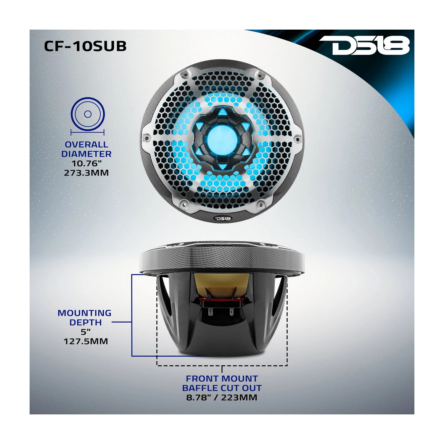 Купить Сабвуфер DS18 CF-10SUB Ø254мм 35–250Гц 300-600Вт 2-4Ом IP65 светодиодная RGB-подсветка глянцевый из углеродного волокна чёрного цвета 7ft.ru в интернет магазине Семь Футов