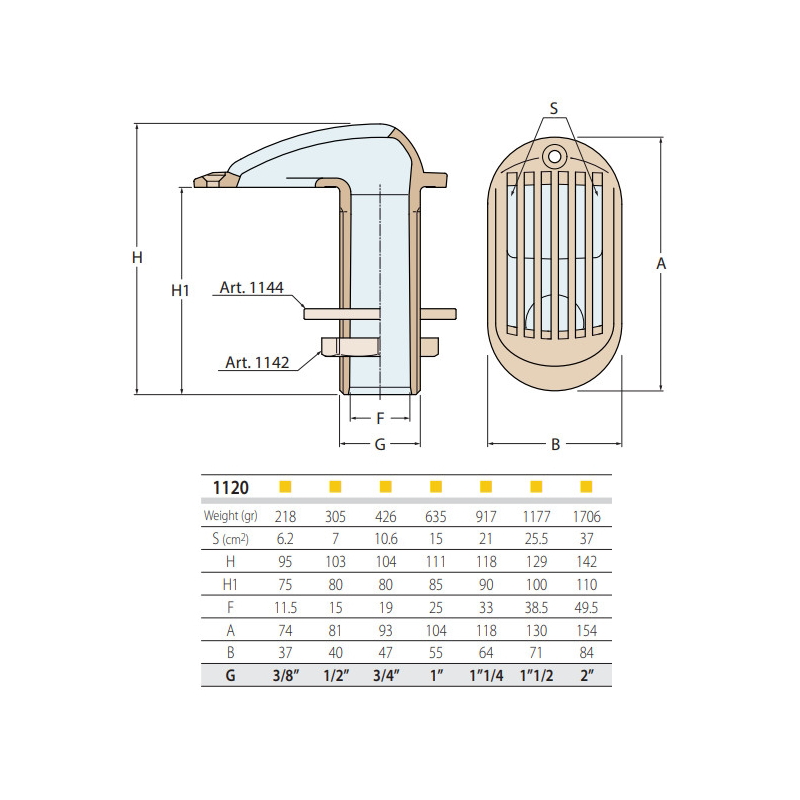 Купить Кингстон с обтекателем Guidi Marine 1120#100003 резьба 3/8" 95x74x37мм из латуни 7ft.ru в интернет магазине Семь Футов