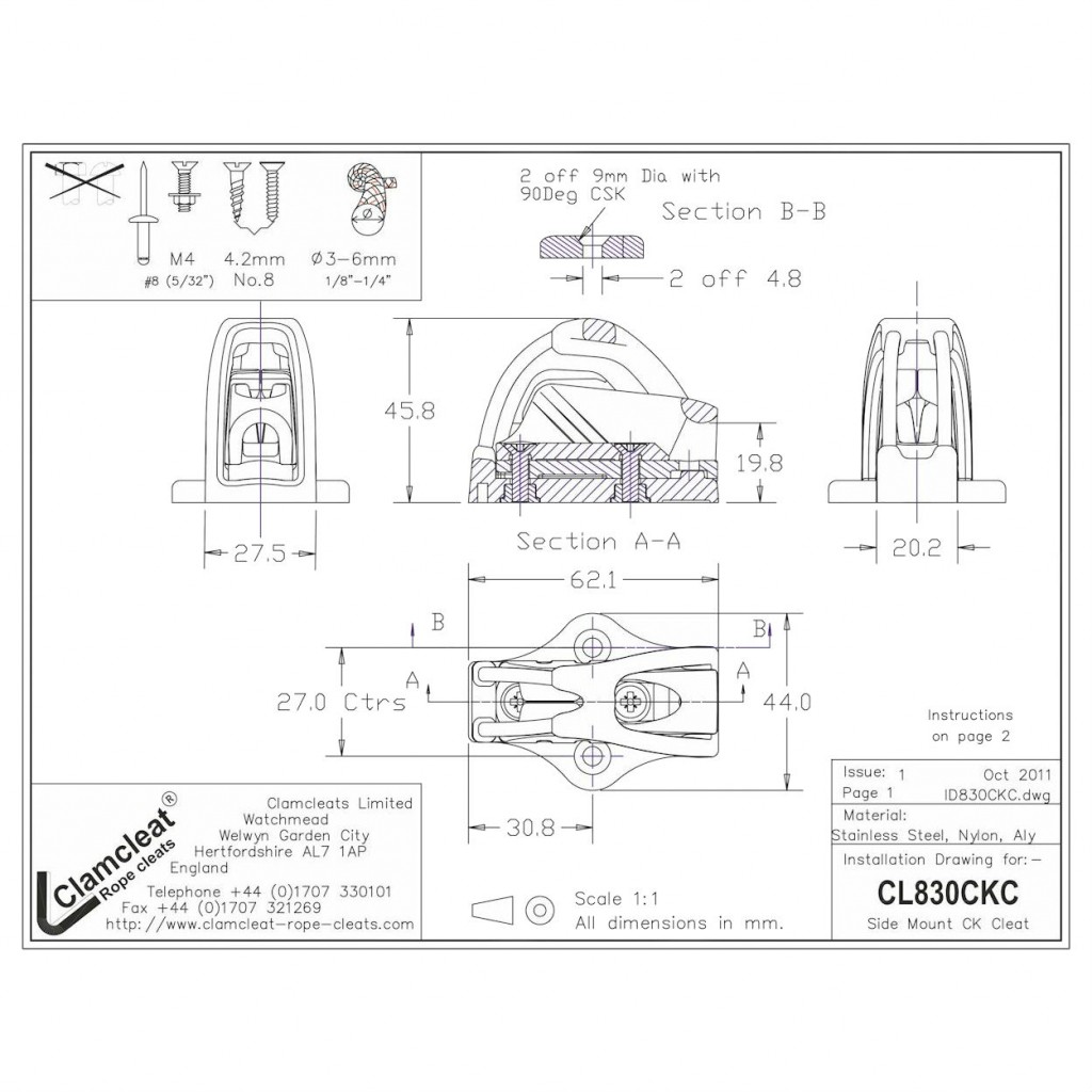 Купить Стопор щелевой Clamcleat CL830CKC 3 - 6 мм 62 x 44 x 46 мм с площадкой для установки 7ft.ru в интернет магазине Семь Футов