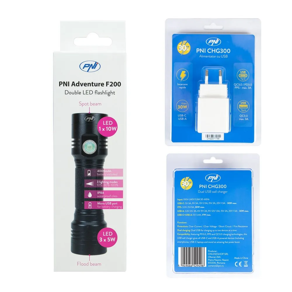 Купить PNI pni-chg3f200 Фонарик Adventure F200 & Dual Wall Charger CHG300 Black / White 15x25x12 550 Lumens 7ft.ru в интернет магазине Семь Футов