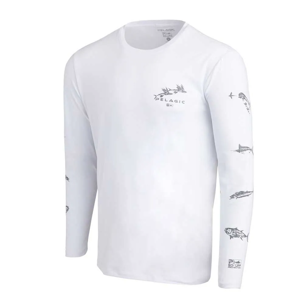 Купить Pelagic 1015223002-WHT-M Футболка с длинным рукавом Stratos Gyotaku Fish Белая White M 7ft.ru в интернет магазине Семь Футов