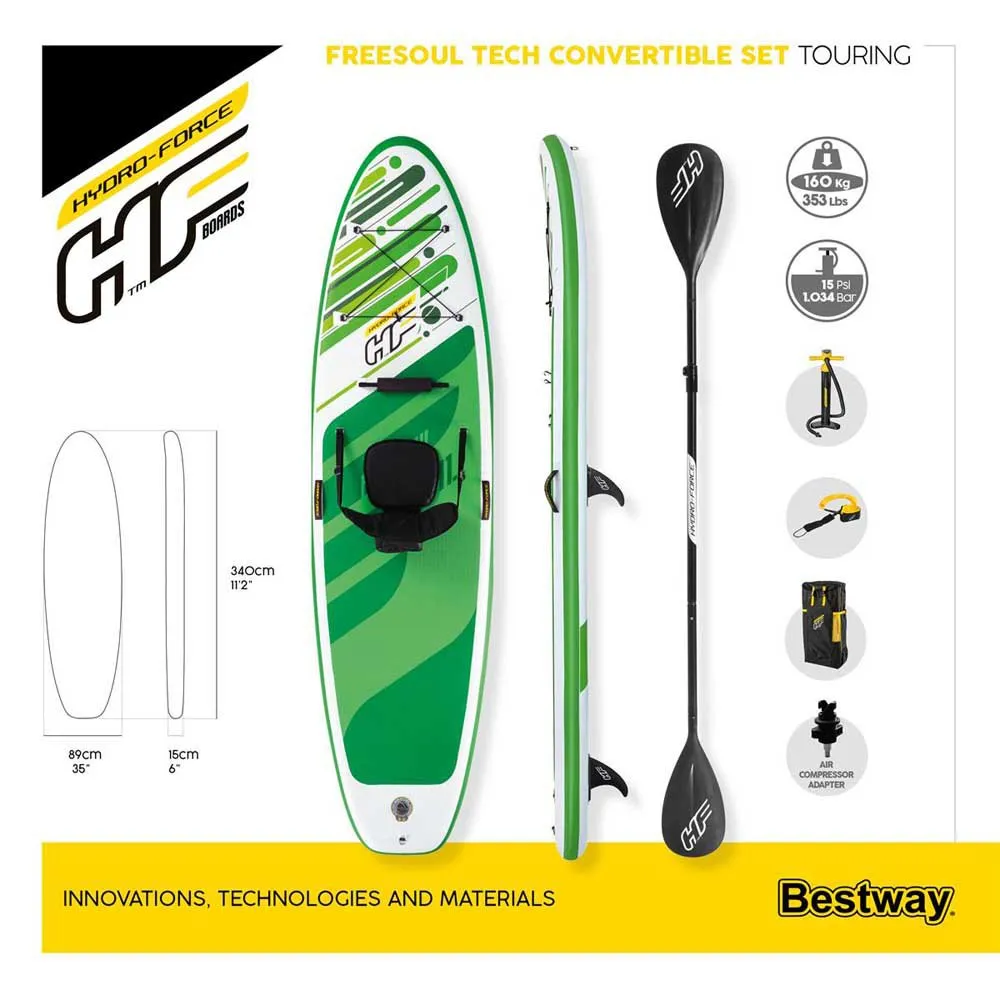 Купить Bestway 65310c Надувной комплект для падлбординга Hydro-Force Freesoul Tech 11´0´´ White / Green 48x96x30 335.3 cm 7ft.ru в интернет магазине Семь Футов
