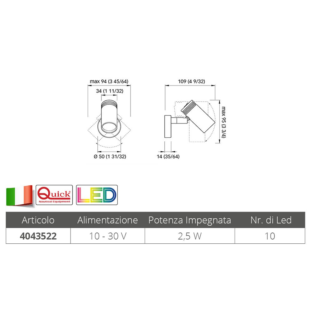 Купить Quick italy 4043522 Jacob 10-30V 109 mm Регулируемый свет Серебристый Silver 140 Lumens  7ft.ru в интернет магазине Семь Футов