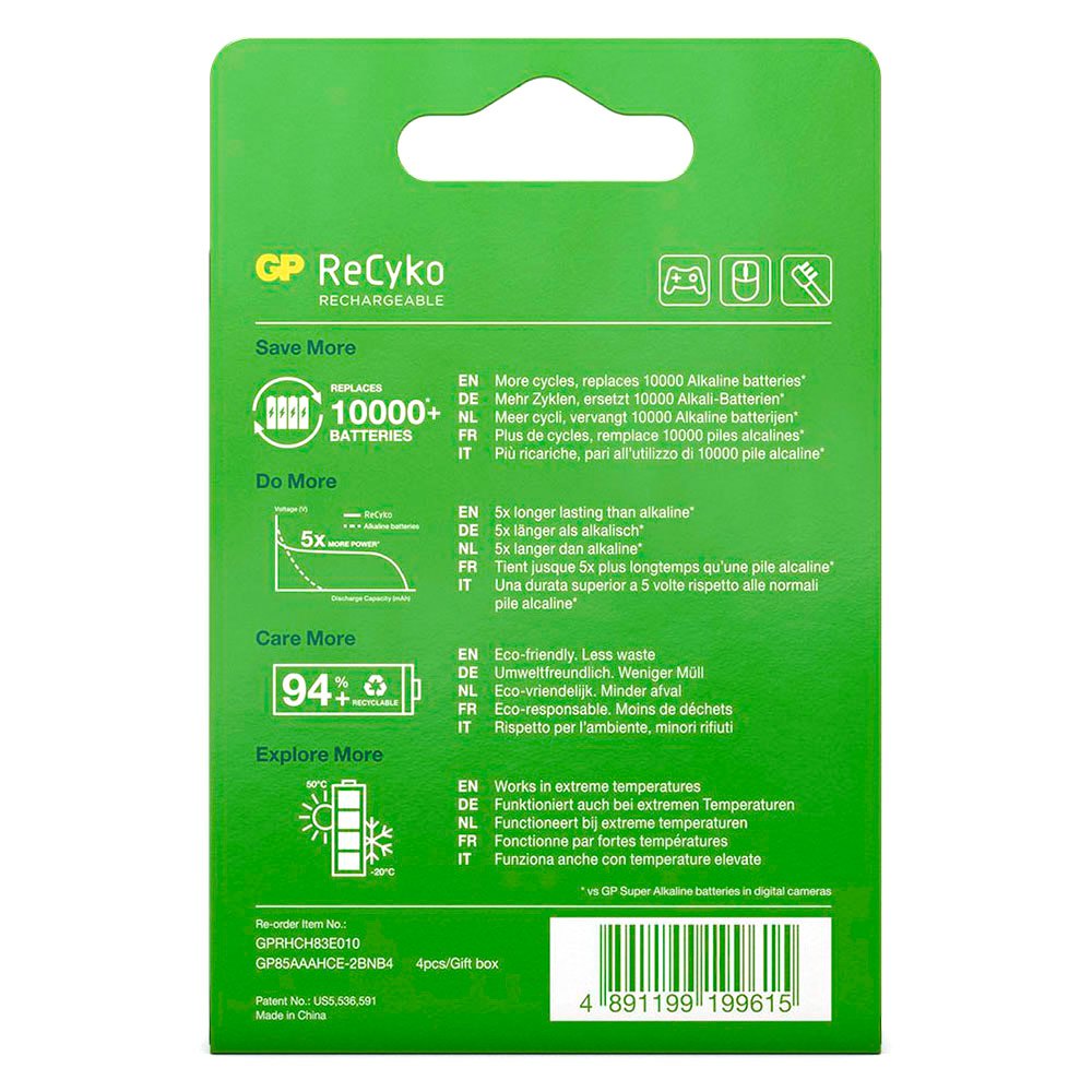 Купить Gp batteries 12085AAAHCE-C2 ReCyko NiMH AAA 850mAh Аккумуляторы Зеленый Green 7ft.ru в интернет магазине Семь Футов